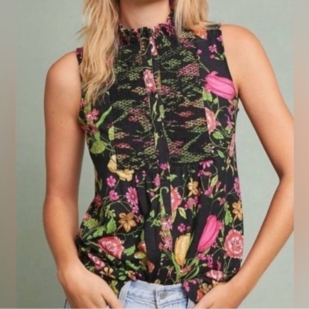 Anthropologie Akemi + Kin Floral Smocked Sleeveless Top Boho Casual Size S